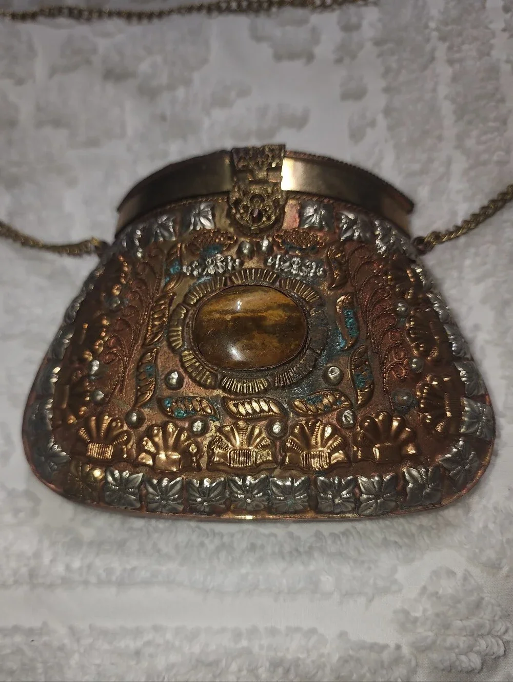 Vintage Sajai Indian Ethnic Sling Bag Clutches, Brass/Copper w/ Metal Chain